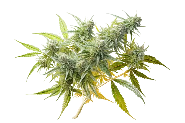 Farbenfrohe Cannabisblüte und helle Cannabisblätter Eine Cannabispflanze strahlt in diversen Farbkontrasten.