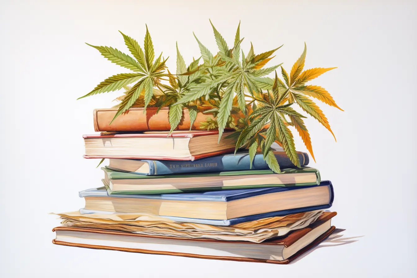 Eine außergewöhnliche Kombination aus Hanfblättern und Büchern verdeutlicht die Bandbreite von Natur und Wissen. Die Pflanze, die viele Bezeichnungen kennt, ist Cannabis. Sie macht das Lesen von farbenprächtigen Büchern spannender, wenn sie diese ziert.